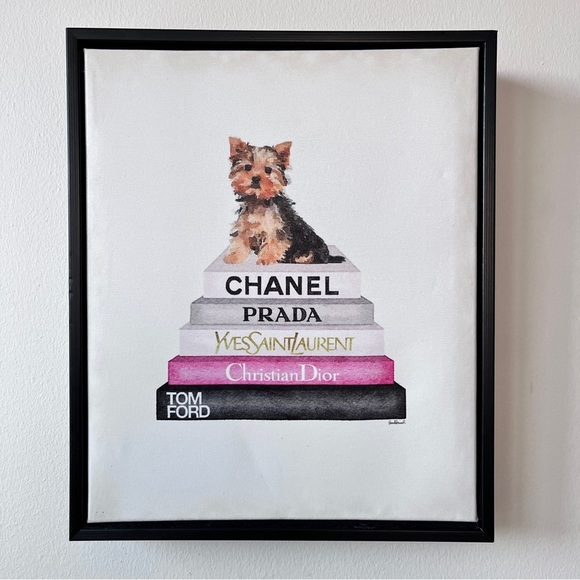Other - Book Stack Yorkie Dog Glam Fashion Framed Chanel Prada Christian Dior Wall Art